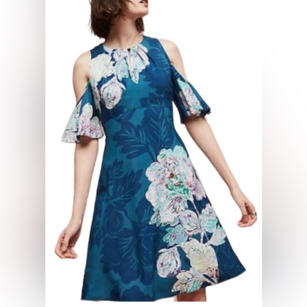Anthropologie| Maeve Elia Open-Shoulder Floral Dress in Dark Turquoise. ZP1